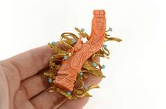 14K Yellow Gold Ornate Carved Chinese Coral Turquoise Lady Pin/Brooch