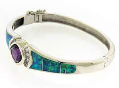 Sterling Silver Amethyst Cubic Zirconia and Opal Hinged Bangle