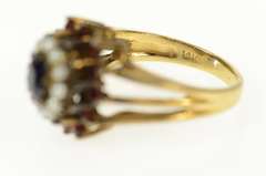 14K Yellow Gold Sapphire Pearl Garnet Halo Victorian Cocktail Ring