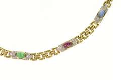 14K Yellow Gold Emerald Ruby Sapphire Diamond Square Chain Necklace