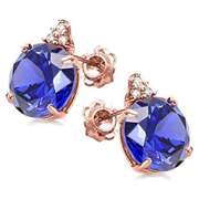 100% SOLID 10KR ROSE GOLD ROUND SHAPE CREATED TANZANITE AND 6 DIAMONDS EARRINGS STUD