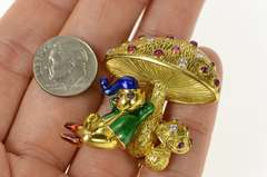 18K Yellow Gold Ruby Diamond Sprite Enamel Mushroom Pin/Brooch