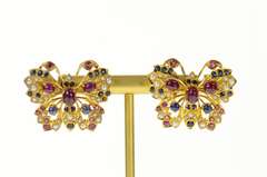 22K Yellow Gold Ruby Sapphire Encrusted Butterfly Screw Back Earrings