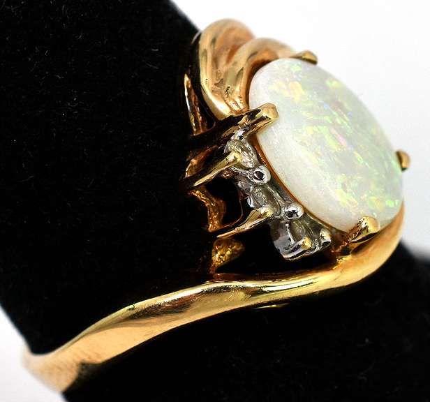 Enchanting Framed Opal & Diamond Ring in 14KT Yellow Gold