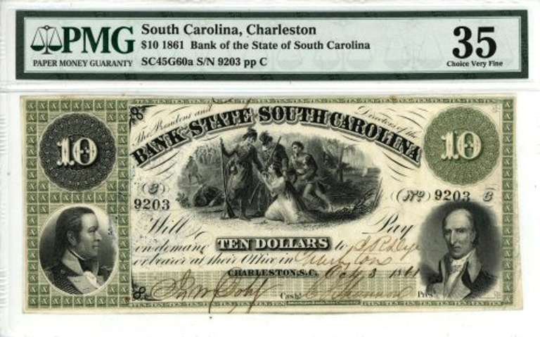 Choice VF 1861 $5 Bank of South Carolina State Note. PMG-35