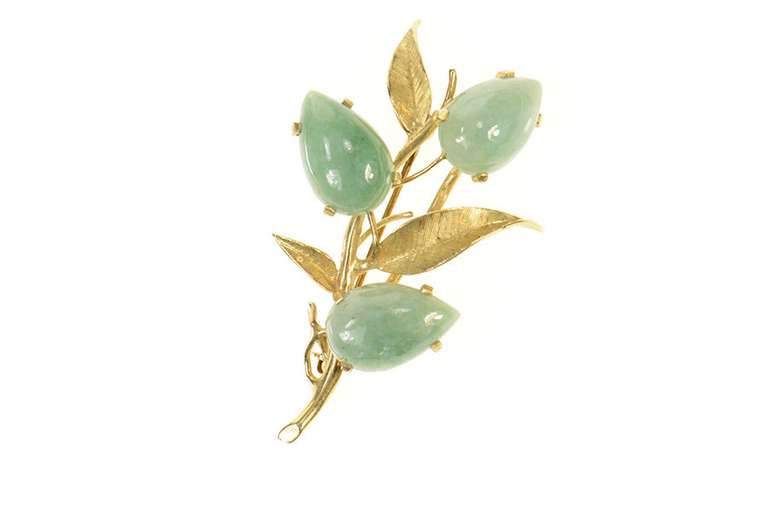 14K Yellow Gold Pear Jadeite Floral Leaf Cluster Statement Pin/Brooch