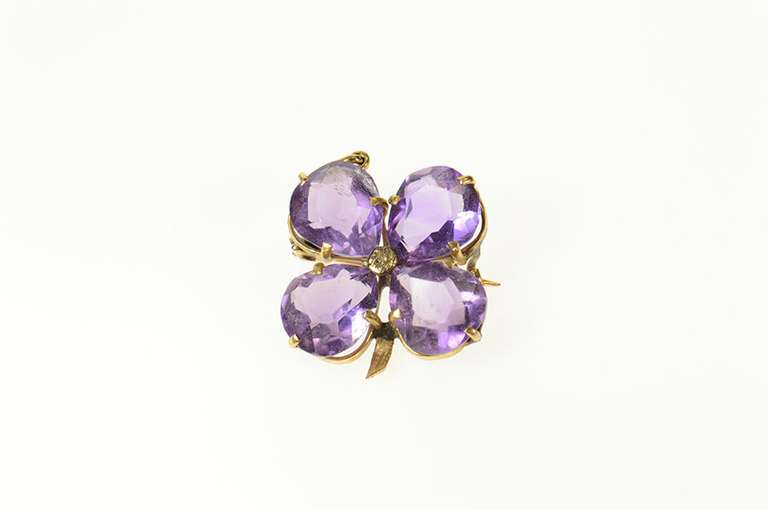 18K Yellow Gold Pear Amethyst Four Leaf Clover Shamrock Pin/Brooch