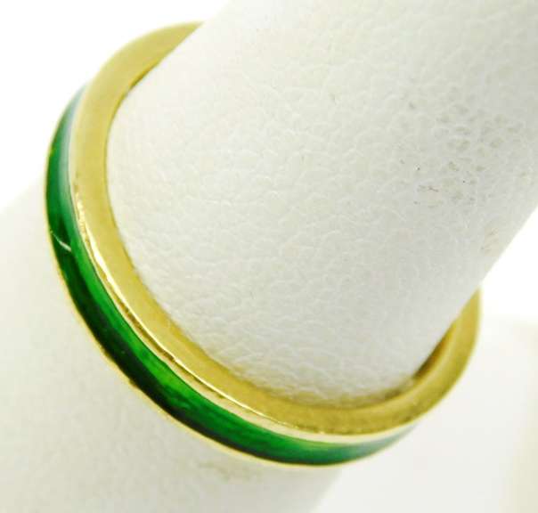 18K Yellow Gold Green Enameled Ring, Size 7