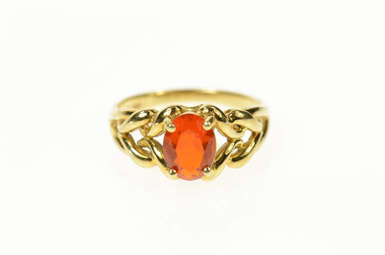 14K Yellow Gold Oval Syn. Mexican Fire Opal Knot Braid Ring