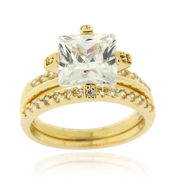 18K Gold over Sterling Silver Square CZ Engagement Stackable Ring Set