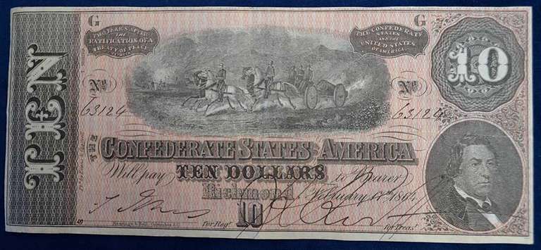 Confederate States Of America $10 Richmond Feb.11, 1864. Circulated.
