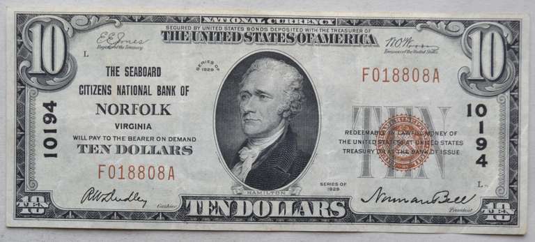 $ 10 Seaboard Citizens Bank of Virginia 1929 Series National Currency Note
