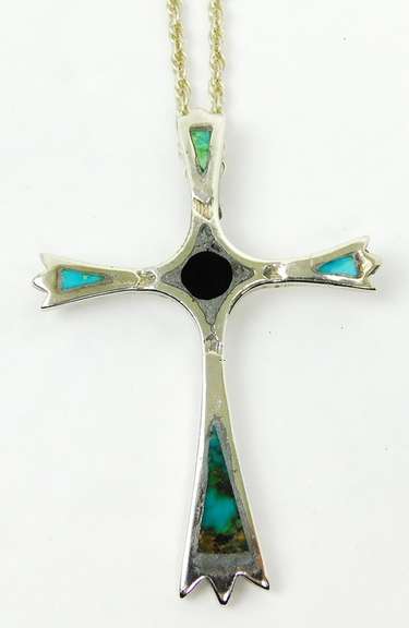 Vintage N.A. Indian Large Sterling Turquoise Cross & Chain