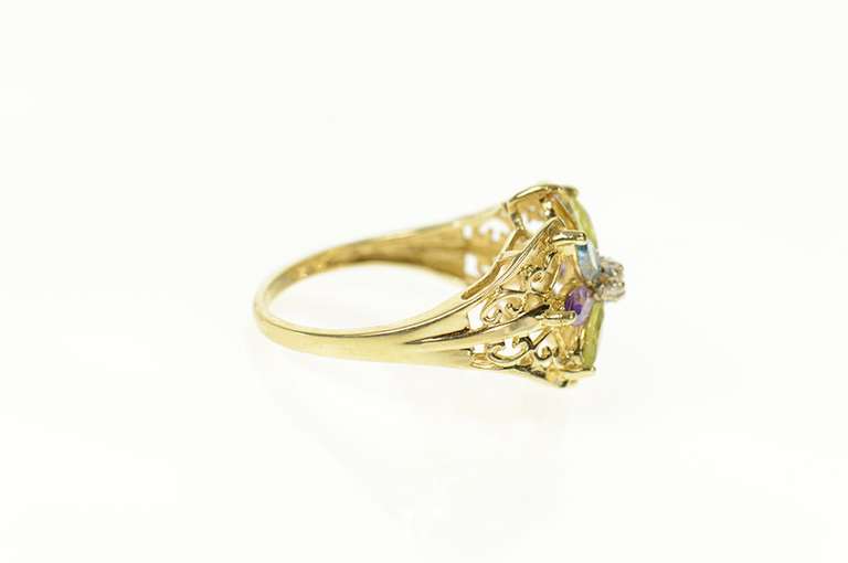 10K Yellow Gold Marquise Flower Cluster Filigree Diamond Ring