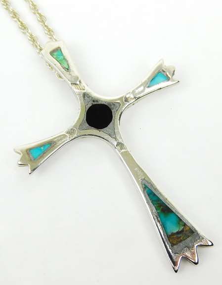 Vintage N.A. Indian Large Sterling Turquoise Cross & Chain