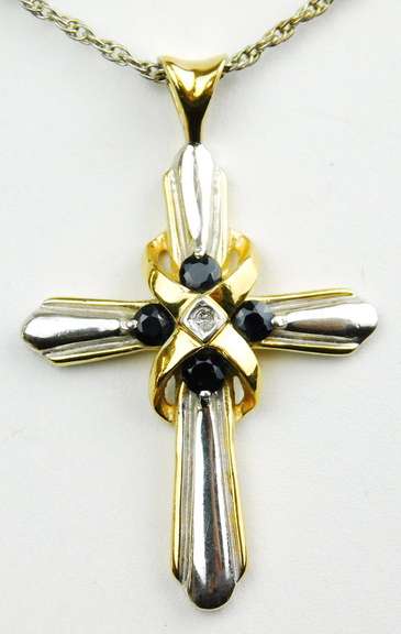2-Tone Sterling Sapphire & Diamond Cross with Chain