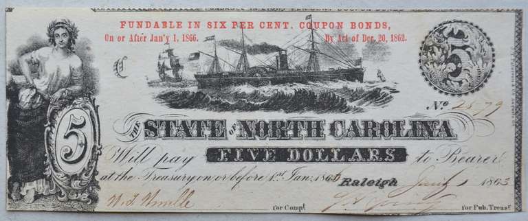 Bold Inked $ 5 State of North Carolina Raleigh Jan 1 1863 Unc Note