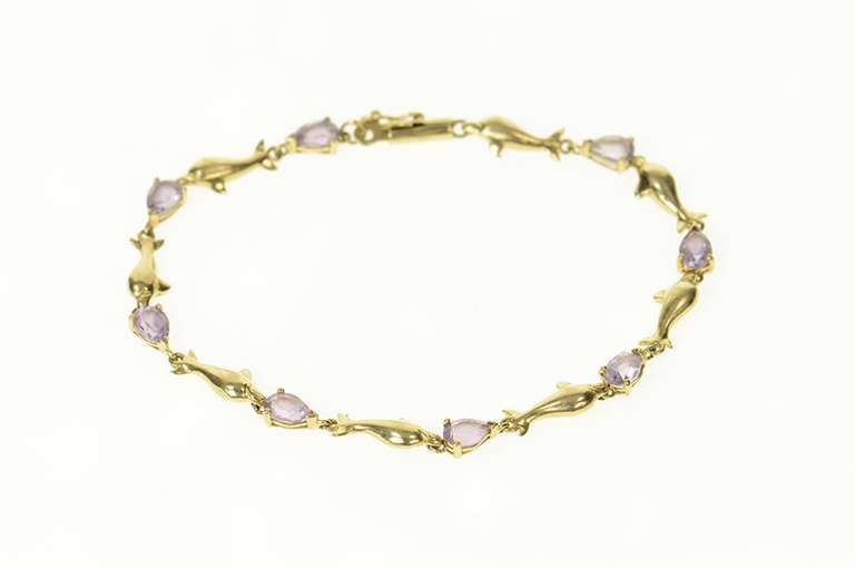 10K Yellow Gold Pear Amethyst Dolphin Link Chain Bracelet