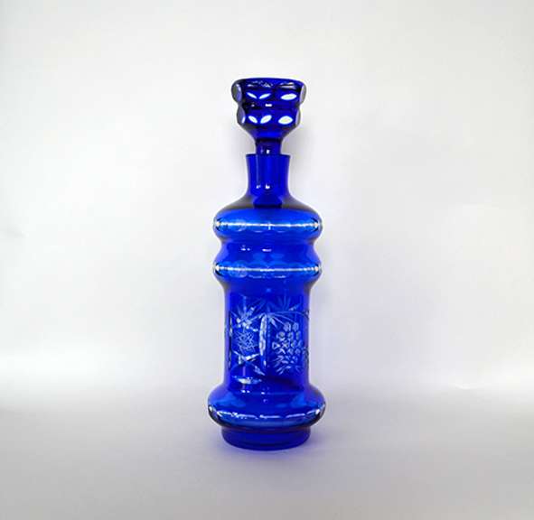 Heavy Cobalt Blue Cut to Clear Crystal Decanter