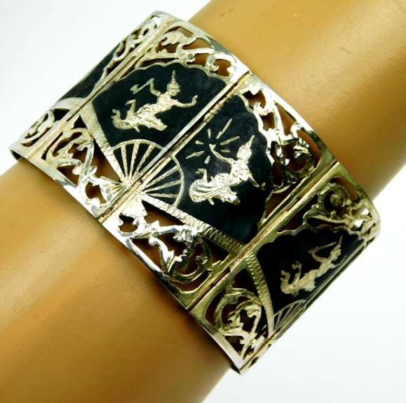 Vintage Wide Sterling Siam Panel Link Bracelet