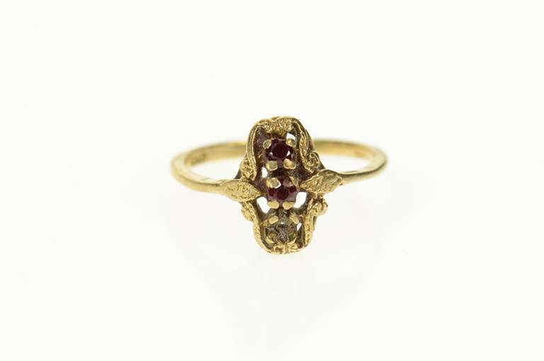14K Yellow Gold Retro Ornate Ruby Cluster Scroll Accent Ring