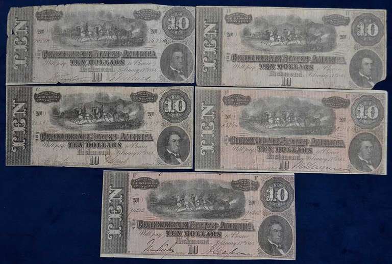 Lot Of 5 Confederate Circulated $10 Bills.