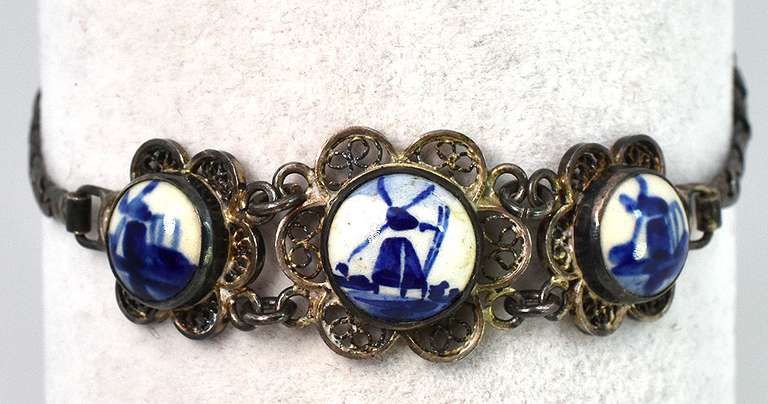 Vintage Dutch Ceramic Windmills Bracelet in Sterling Silver