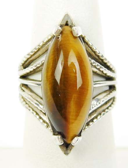 Sterling Silver Ring with Large Tiger Eye, Size 6