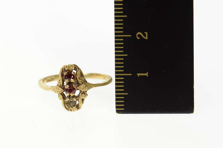 14K Yellow Gold Retro Ornate Ruby Cluster Scroll Accent Ring