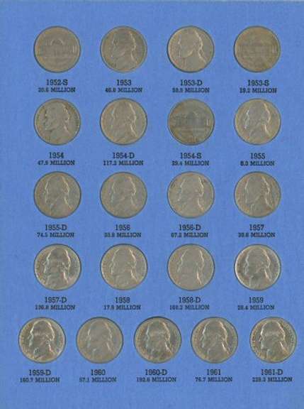 Complete Set of 61 Jefferson Nickels 1938 to 1961-D. Album