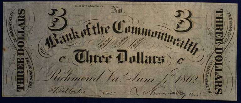 Bank Of The Commonwealth $3. Richmond,VA. Circulated.