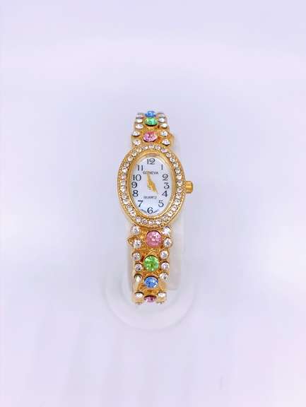 Ladies Geneva & Gemstone Cuff Watch, 18kt Gold Plated