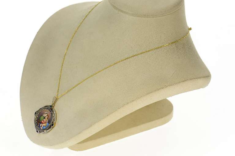 14K Yellow Gold Art Deco Painted Ceramic Virgin Mary Jesus Pendant