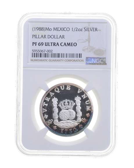 PF69 UCAM (1988) Mo Mexico Pillar Dollar 1/2 Oz .999 Fine Silver - NGC
