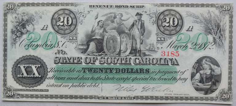 $ 20 Unc State of South Carolina March 2 1872 Revenue Bond Scrip.