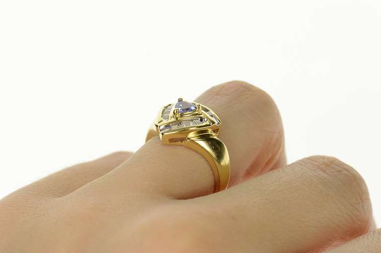 14K Yellow Gold Trillion Tanzanite Diamond Halo Statement Ring
