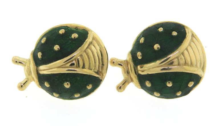 Pleasing Green Enamel Ladybug Earrings