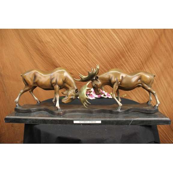 Two Moose Fight Bronze Statue Sculpture