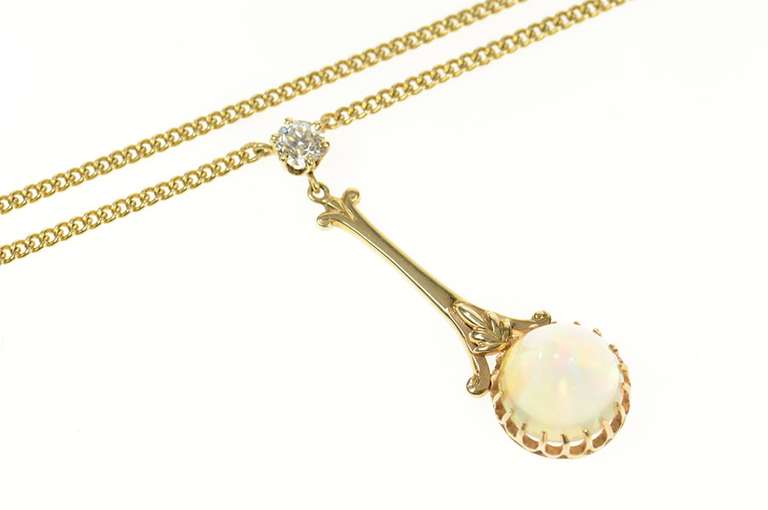 14K Yellow Gold Victorian Opal Diamond Drop Pendant Chain Necklace