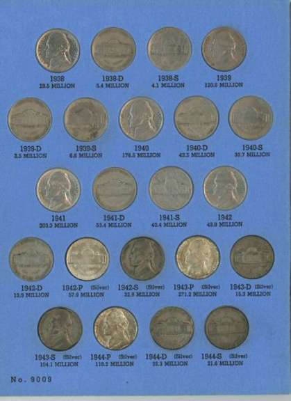 Complete Set of 61 Jefferson Nickels 1938 to 1961-D. Album