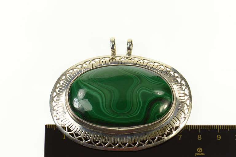 Sterling Silver Oval Malachite Cabochon Ornate Statement Pendant
