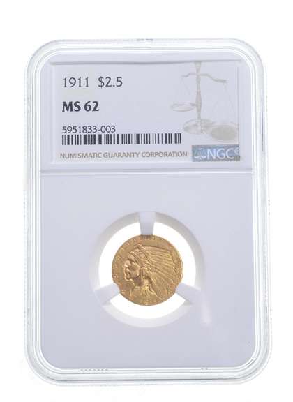 MS62 1911 $2.50 Indian Head Gold Quarter Eagle - Graded NGC