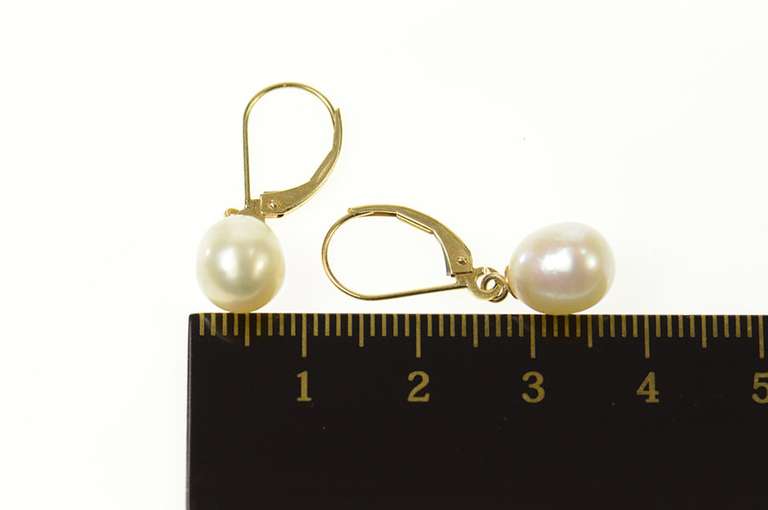 14K Yellow Gold Classic Pearl Dangle Lever Back Earrings