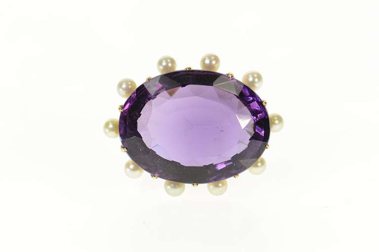 18K Yellow Gold Amethyst Pearl Halo Victorian Statement Pin/Brooch
