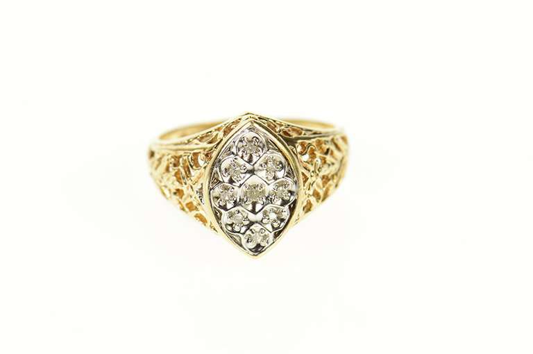 10K Yellow Gold Marquise Diamond Cluster Ornate Filigree Ring