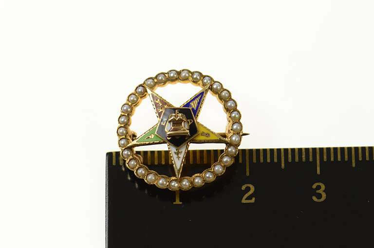 14K Yellow Gold Order of the Eastern Star Enamel Seed Pearl Pin/Brooch
