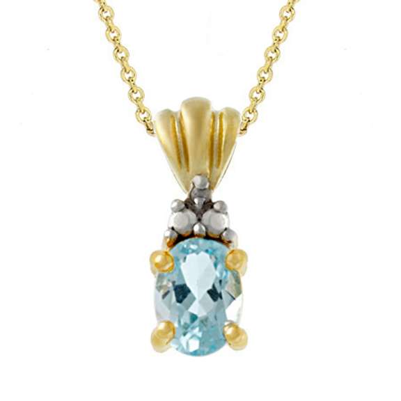 18k Gold over Silver Diamond Accented Oval Blue Topaz Pendant