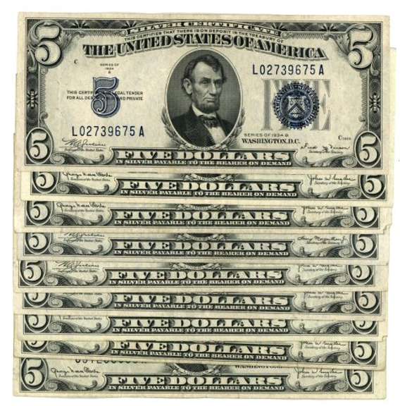 Ten very nice 1934 Series $5 Blue Seal Silver Certificates