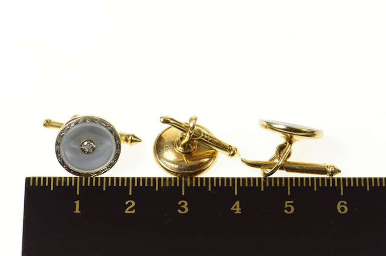 14K Yellow Gold Art Deco Mother of Pearl Diamond Tuxedo Cuff Links