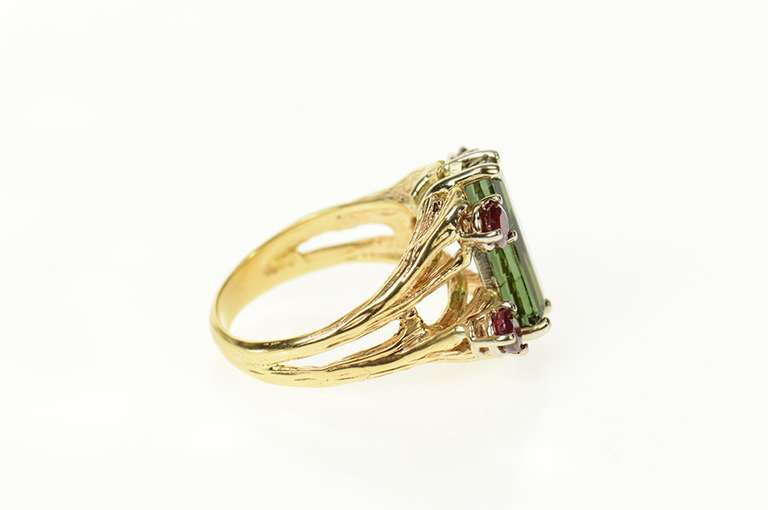 14K Yellow Gold 4.72 Ctw Green Tourmaline Ruby Diamond Ring